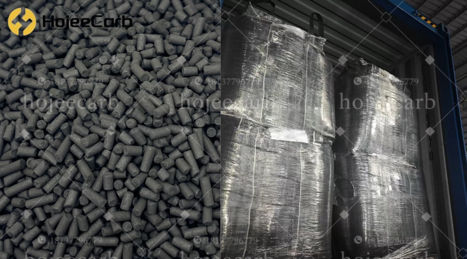 Coal-based pellet activated carbon closeup and container loading for UAE export