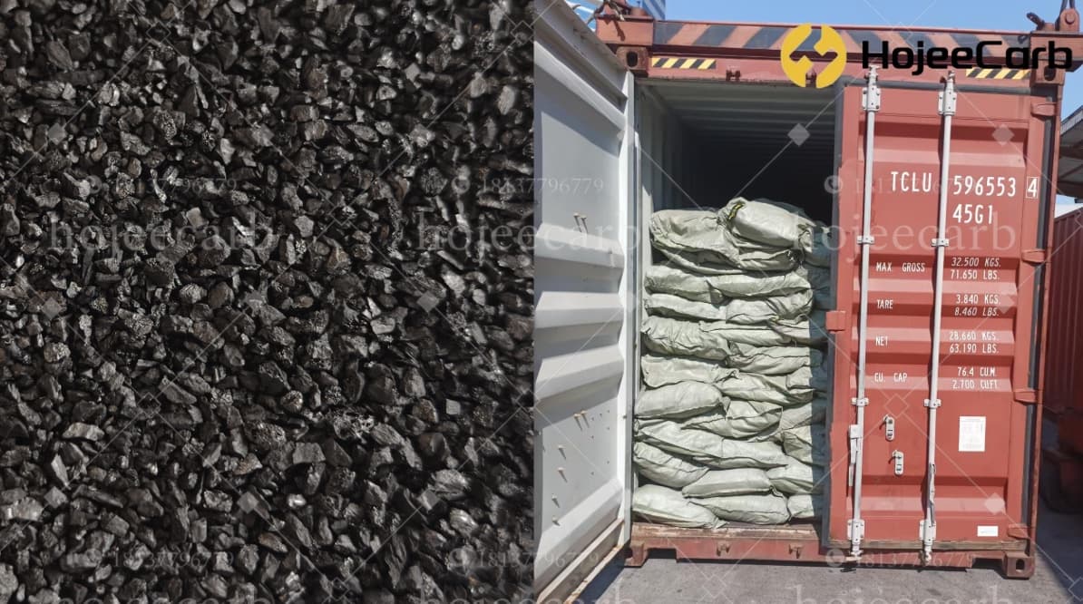 Coal-based granular activated carbon closeup and container loading for UAE export