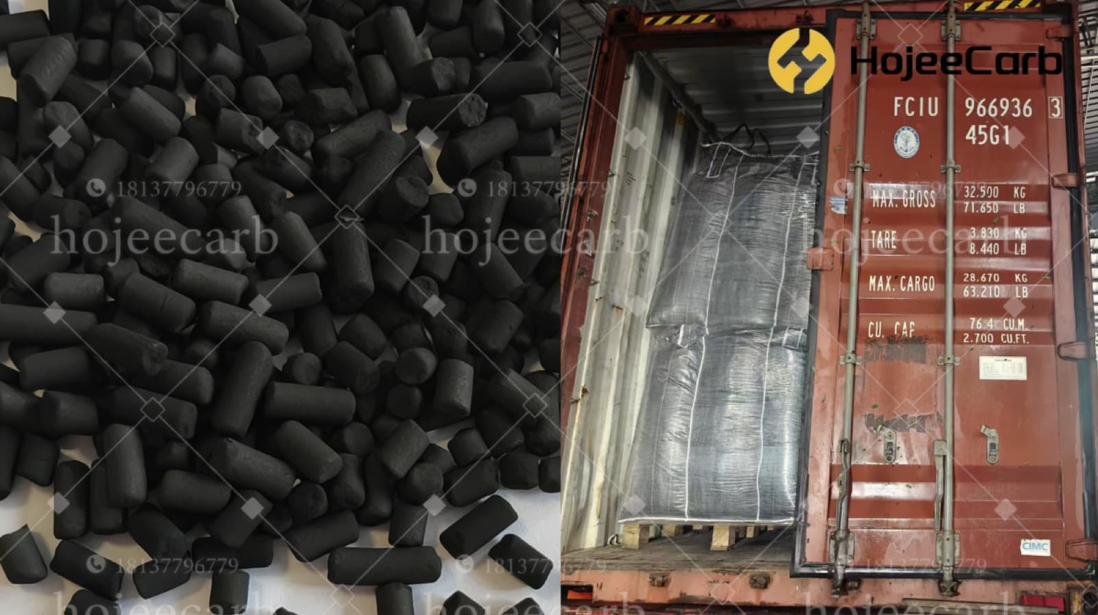Coconut shell pellet activated carbon closeup and container loading for UAE export