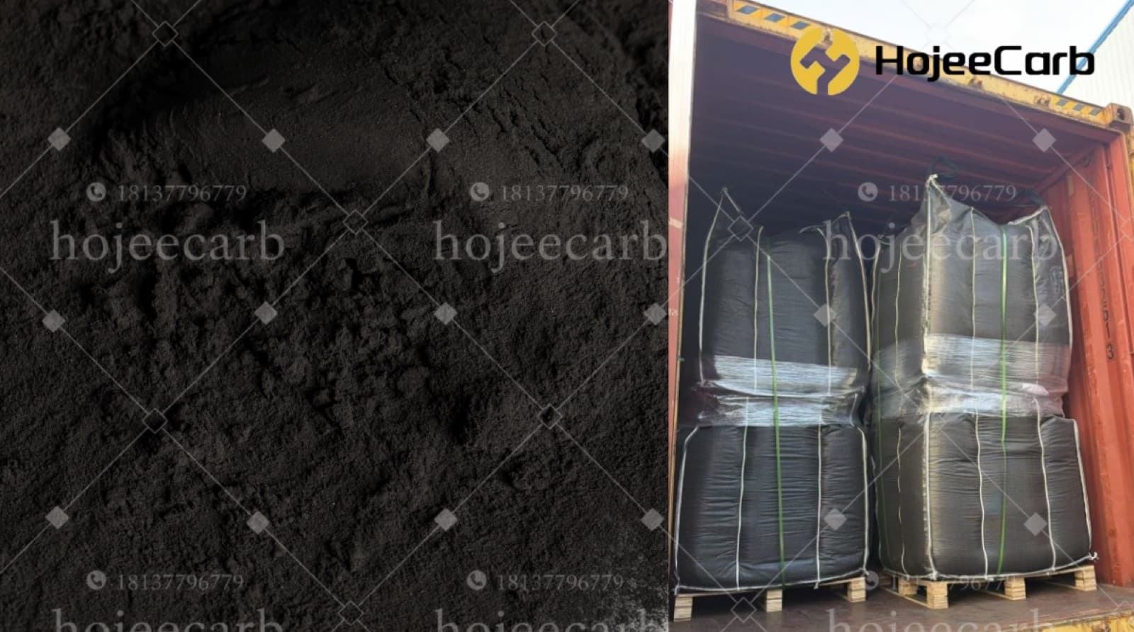 Powdered activated carbon closeup and FIBC container loading for UAE export